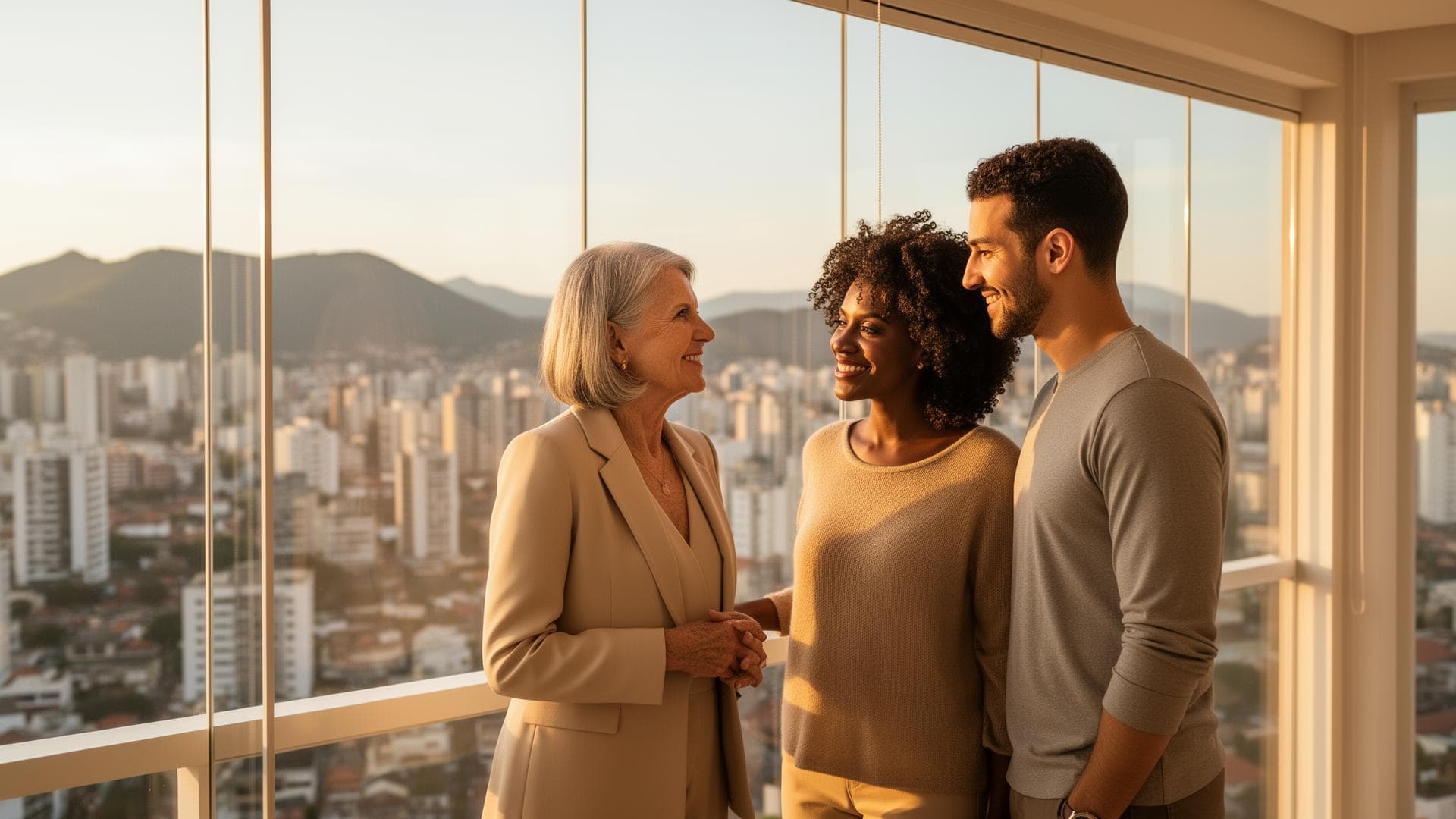 Casal com corretor visitando apartamento com vista para a cidade